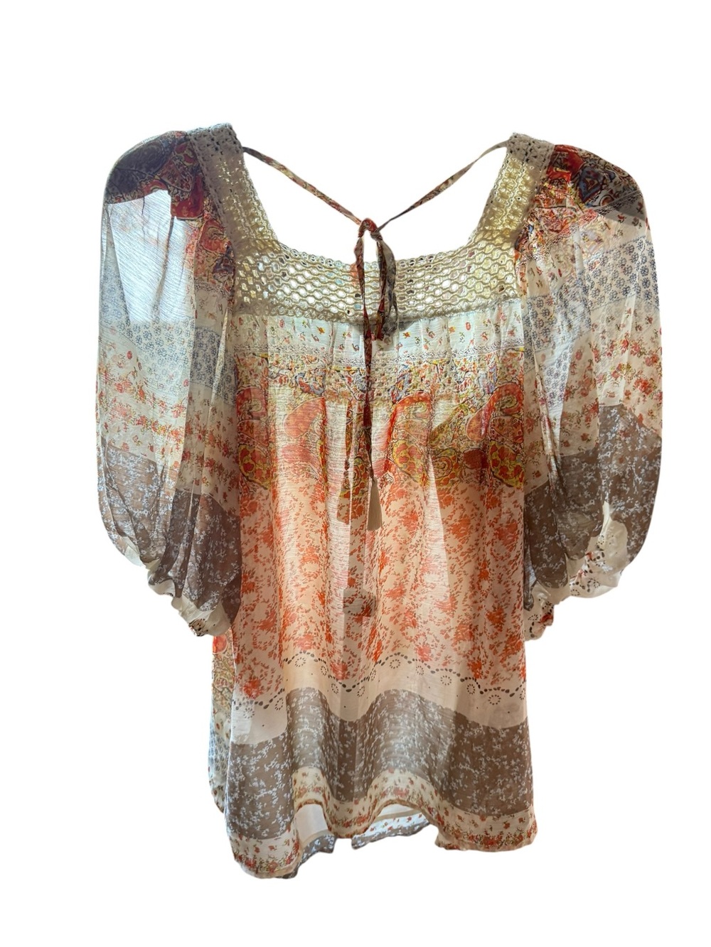 DAVI & DANI Sheer Patchwork BOHO Peasant Blouse in Cream, Coral, and Gray